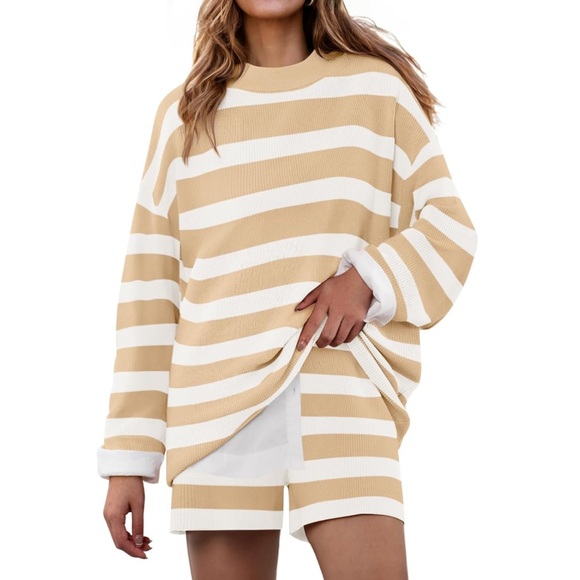 Zesica Sweaters - Zesica Striped Crew Neck Sweater Striped Tan and White SET